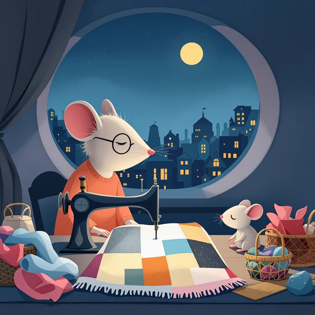 Ilustracja: myszka w okularach szyje nocą kolorową patchworkową kołdrę snów, a mysie dziecko przygląda się sennie, na zewnątrz miasto lśni w blasku księżyca