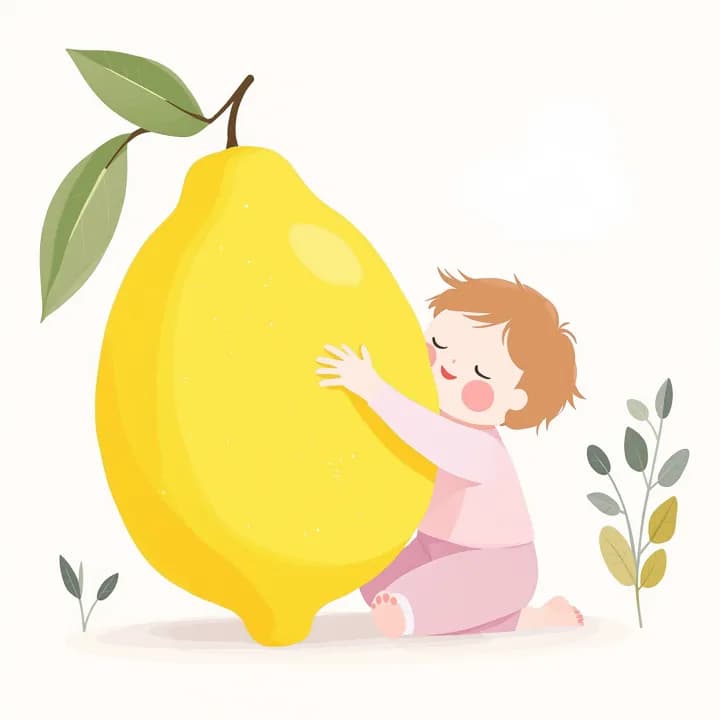 Ilustracja: maluch przytula ogromną cytrynę